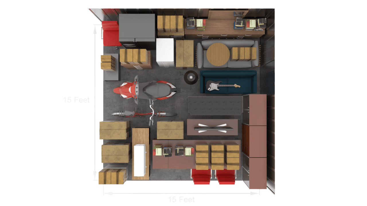 15 foot by 13 foot storage unit illustration